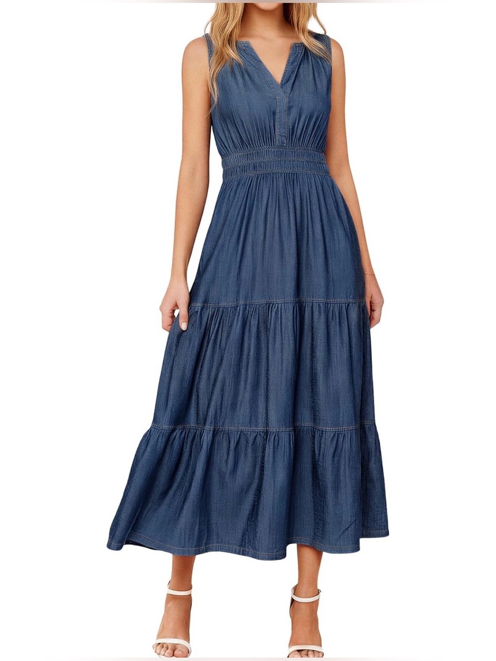 Dark blue Denim Feminine Bohemian Midi Dress beautiful western boho style Size L